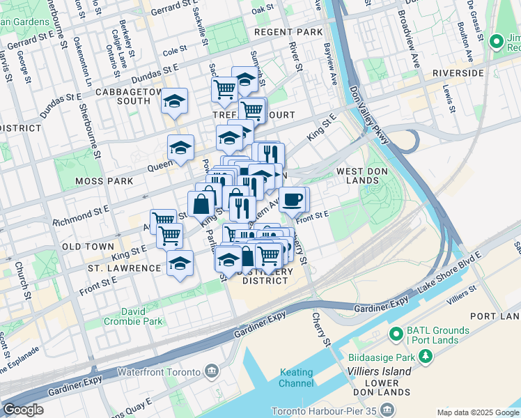 map of restaurants, bars, coffee shops, grocery stores, and more near 28 Eastern Avenue in Toronto