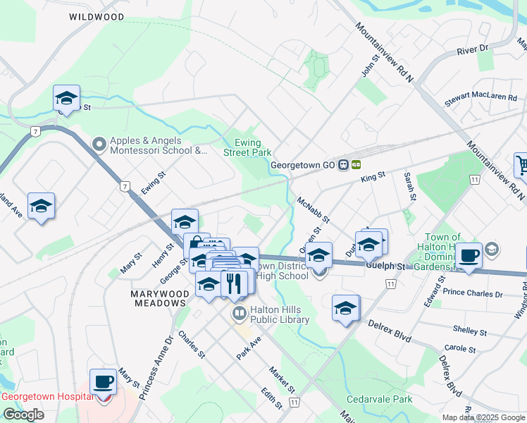 map of restaurants, bars, coffee shops, grocery stores, and more near 8 Dayfoot Drive in Halton Hills