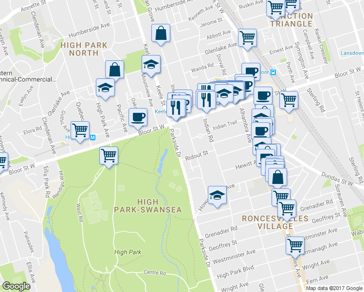map of restaurants, bars, coffee shops, grocery stores, and more near 491 Parkside Drive in Toronto