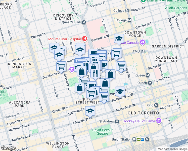 map of restaurants, bars, coffee shops, grocery stores, and more near 230 Simcoe Street in Toronto