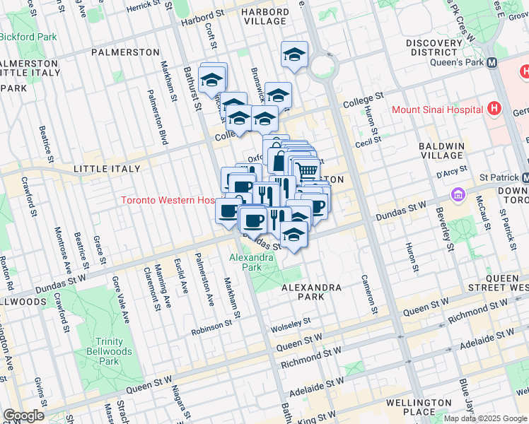 map of restaurants, bars, coffee shops, grocery stores, and more near 7 Leonard Avenue in Toronto