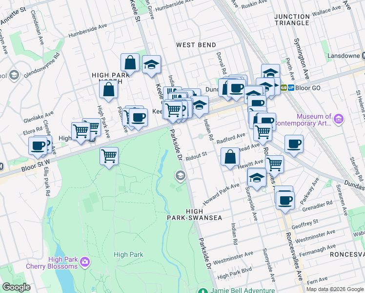 map of restaurants, bars, coffee shops, grocery stores, and more near 491 Parkside Drive in Toronto