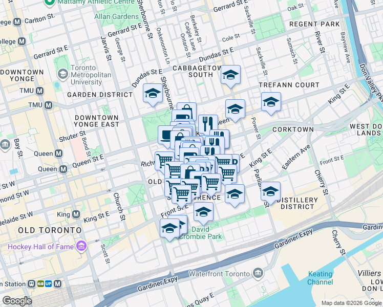 map of restaurants, bars, coffee shops, grocery stores, and more near 323 Richmond Street East in Toronto