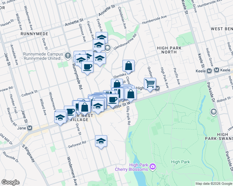 map of restaurants, bars, coffee shops, grocery stores, and more near Birchview Crescent in Toronto
