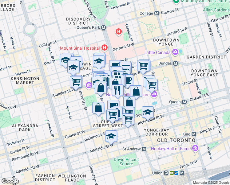 map of restaurants, bars, coffee shops, grocery stores, and more near 230 Simcoe Street in Toronto