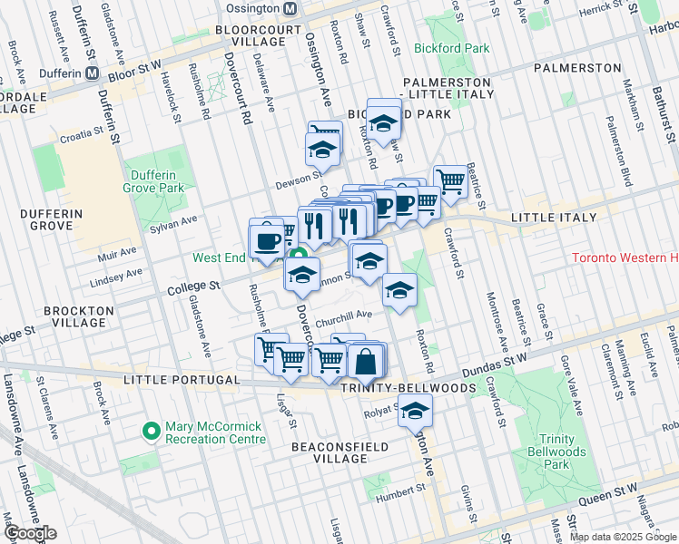 map of restaurants, bars, coffee shops, grocery stores, and more near 36 Shannon Street in Toronto