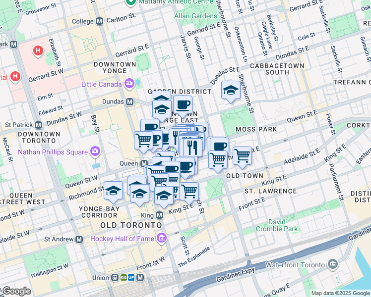 map of restaurants, bars, coffee shops, grocery stores, and more near 60 Queen Street East in Toronto