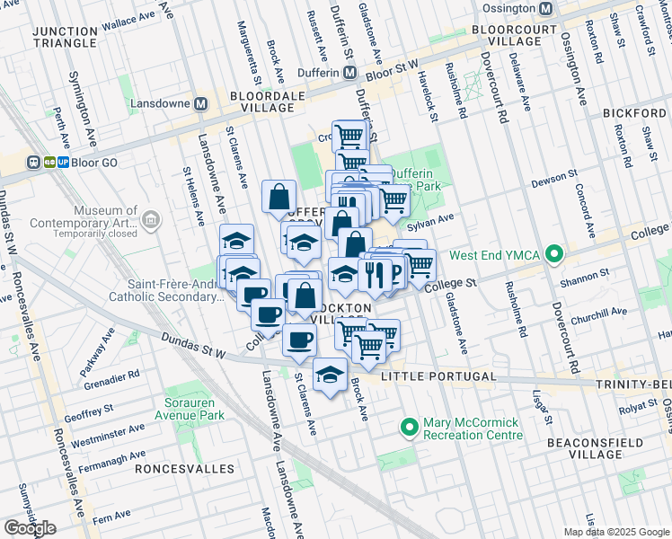map of restaurants, bars, coffee shops, grocery stores, and more near 79 Muir Avenue in Toronto