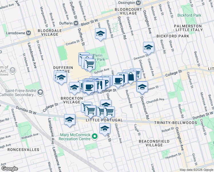 map of restaurants, bars, coffee shops, grocery stores, and more near 345 Gladstone Avenue in Toronto