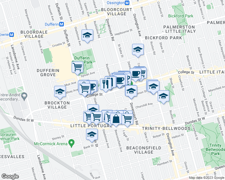 map of restaurants, bars, coffee shops, grocery stores, and more near 988 College Street in Toronto