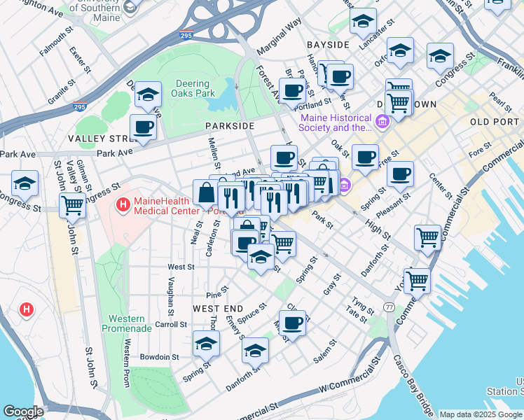 map of restaurants, bars, coffee shops, grocery stores, and more near 684a Congress Street in Portland