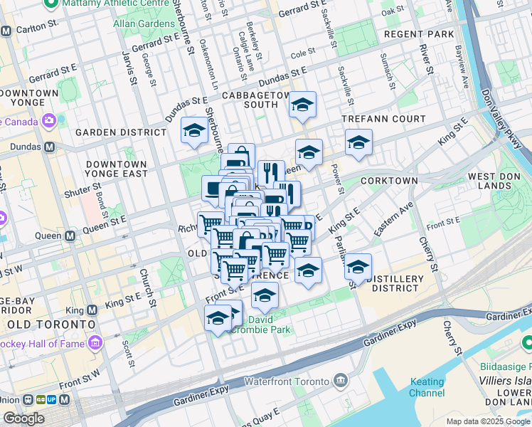 map of restaurants, bars, coffee shops, grocery stores, and more near in Toronto