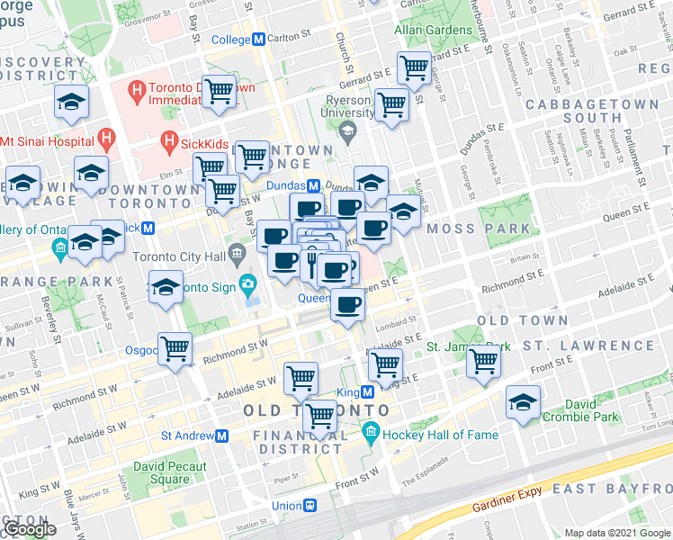 map of restaurants, bars, coffee shops, grocery stores, and more near 197 Yonge Street in Toronto