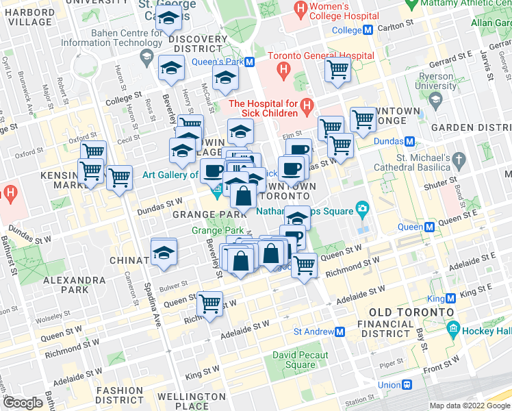 map of restaurants, bars, coffee shops, grocery stores, and more near 83 B McCaul Street in Toronto