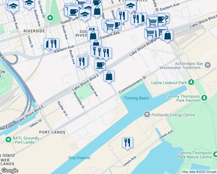 map of restaurants, bars, coffee shops, grocery stores, and more near in Toronto