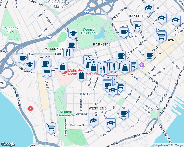 map of restaurants, bars, coffee shops, grocery stores, and more near 760 Congress Street in Portland