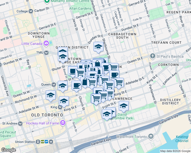 map of restaurants, bars, coffee shops, grocery stores, and more near 150 George Street in Toronto