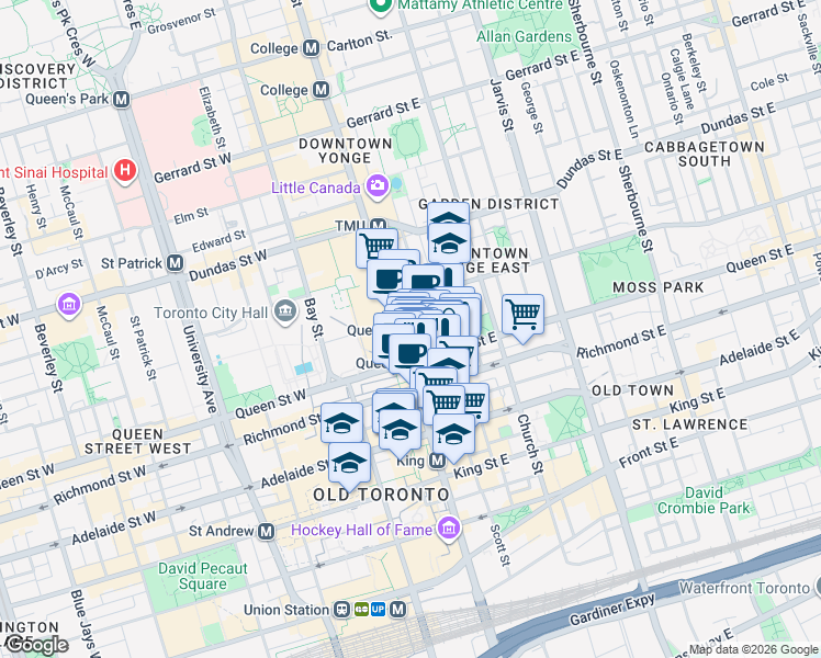 map of restaurants, bars, coffee shops, grocery stores, and more near 197 Yonge Street in Toronto