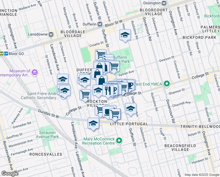 map of restaurants, bars, coffee shops, grocery stores, and more near 90 Lindsey Avenue in Toronto
