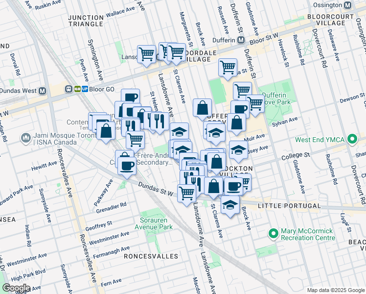 map of restaurants, bars, coffee shops, grocery stores, and more near 409 Lansdowne Avenue in Toronto