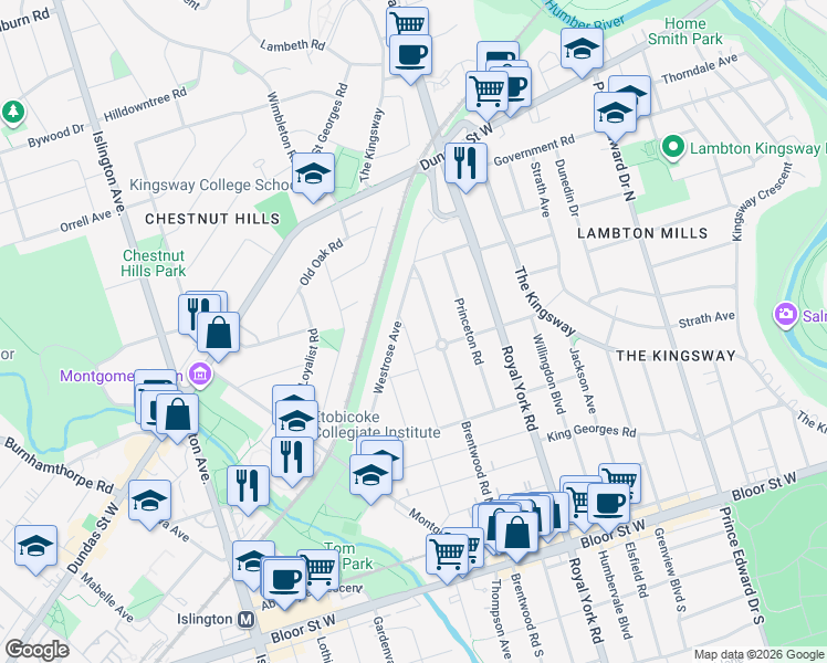 map of restaurants, bars, coffee shops, grocery stores, and more near 41 Highgate Road in Toronto
