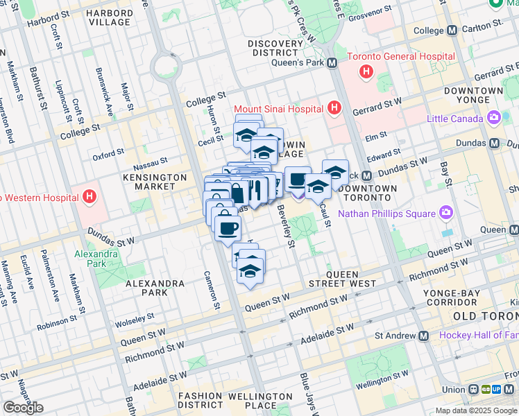 map of restaurants, bars, coffee shops, grocery stores, and more near in Toronto