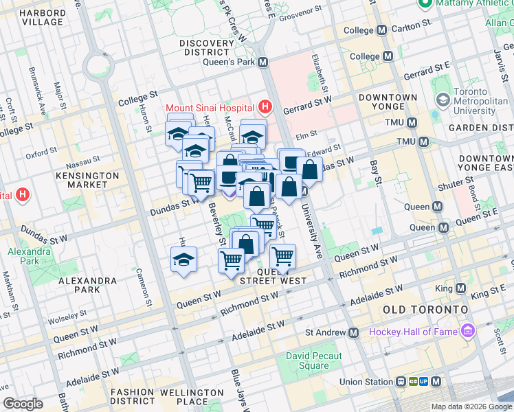 map of restaurants, bars, coffee shops, grocery stores, and more near 101 McCaul Street in Toronto