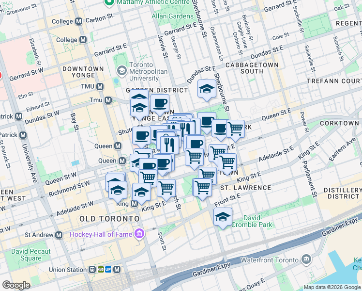 map of restaurants, bars, coffee shops, grocery stores, and more near 133 Queen Street East in Toronto