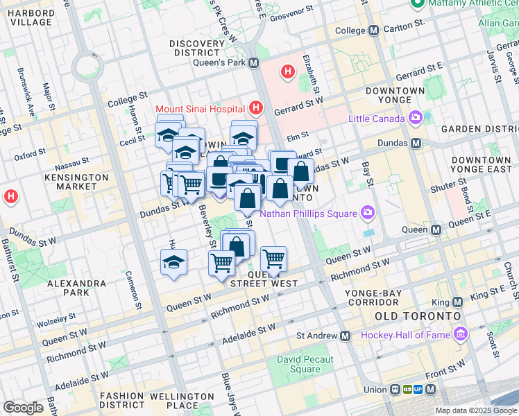 map of restaurants, bars, coffee shops, grocery stores, and more near 120 Saint Patrick Street in Toronto