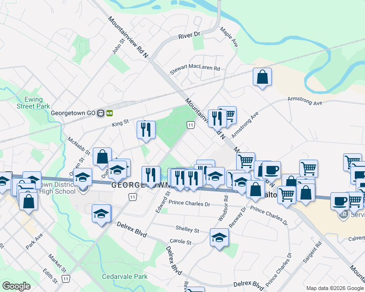 map of restaurants, bars, coffee shops, grocery stores, and more near 7 Dominion Gardens Drive in Halton Hills