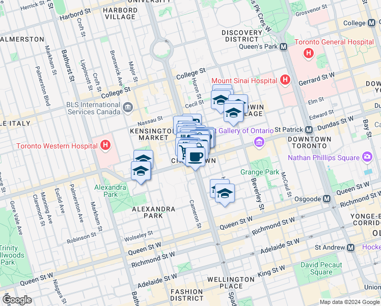 map of restaurants, bars, coffee shops, grocery stores, and more near Spadina Avenue in Toronto