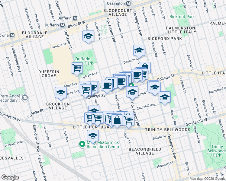 map of restaurants, bars, coffee shops, grocery stores, and more near 988 College Street in Toronto