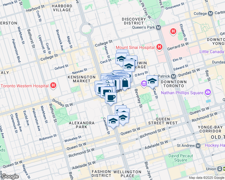 map of restaurants, bars, coffee shops, grocery stores, and more near 469 Dundas Street West in Toronto