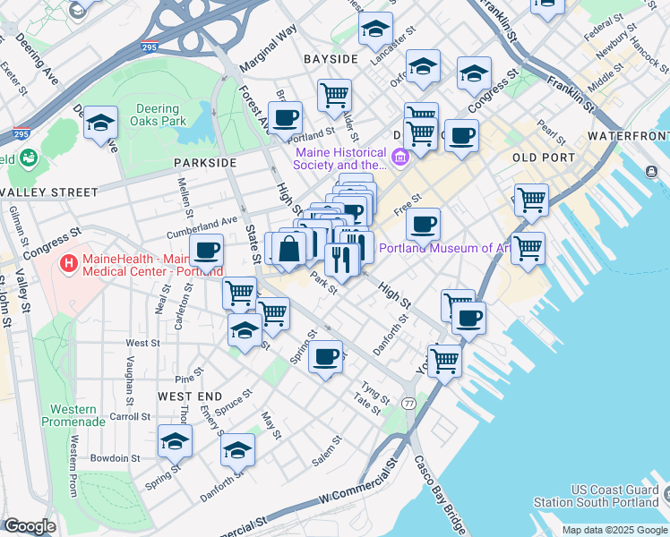 map of restaurants, bars, coffee shops, grocery stores, and more near 1 Spring Street Place in Portland