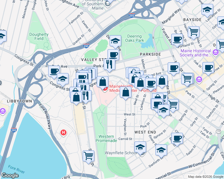 map of restaurants, bars, coffee shops, grocery stores, and more near 22 Bramhall Street in Portland