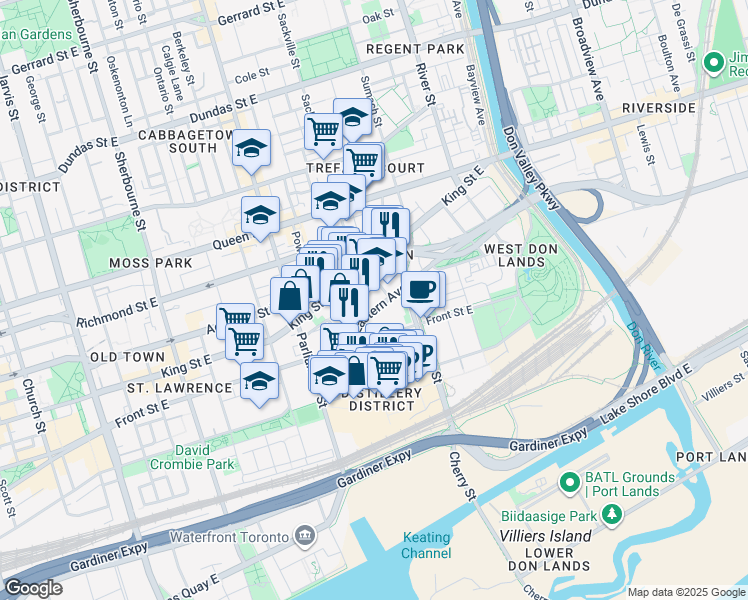 map of restaurants, bars, coffee shops, grocery stores, and more near in Toronto