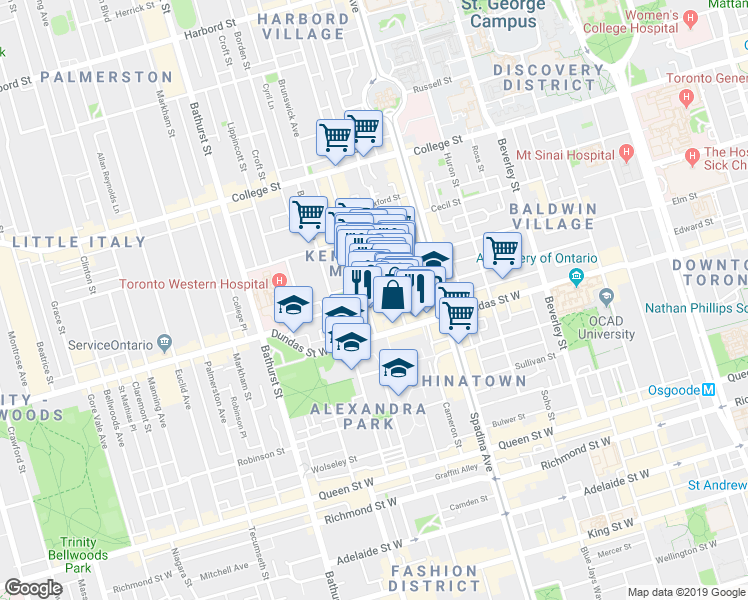 map of restaurants, bars, coffee shops, grocery stores, and more near in Toronto