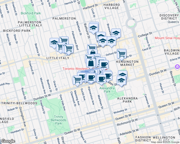 map of restaurants, bars, coffee shops, grocery stores, and more near 189 Palmerston Avenue in Toronto