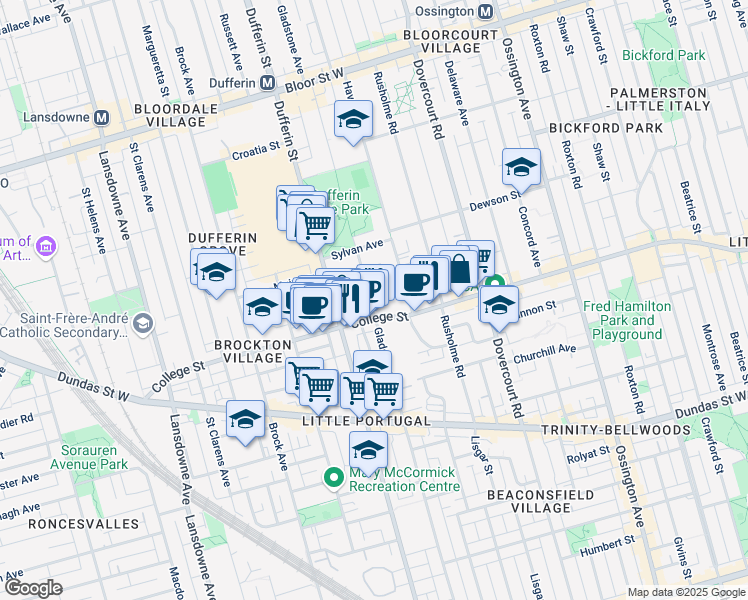 map of restaurants, bars, coffee shops, grocery stores, and more near in Toronto