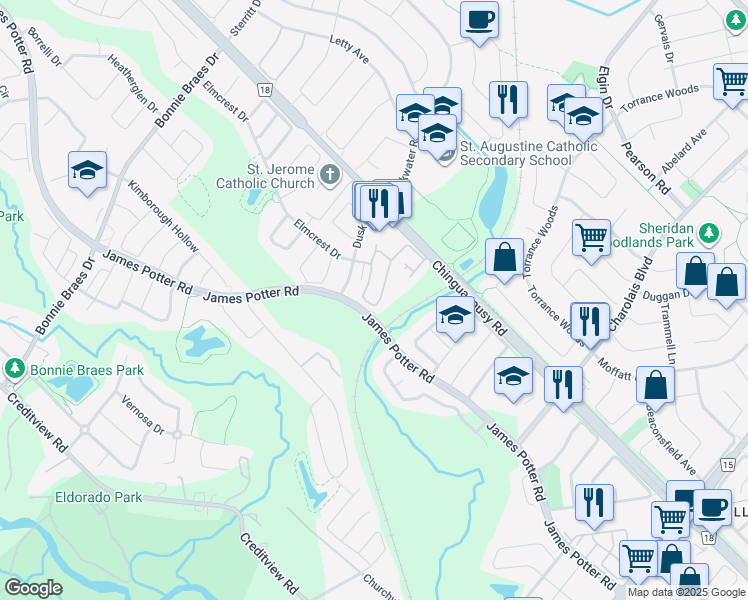 map of restaurants, bars, coffee shops, grocery stores, and more near 39 Aspen Hills Road in Brampton