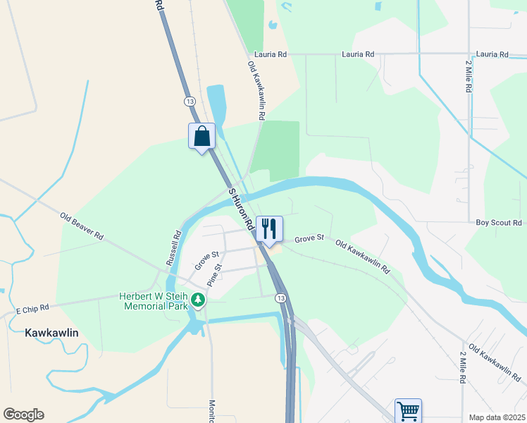 map of restaurants, bars, coffee shops, grocery stores, and more near 200-214 Old Kawkawlin Rd in Monitor Township