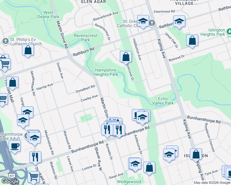 map of restaurants, bars, coffee shops, grocery stores, and more near 37 Lorraine Gardens in Toronto
