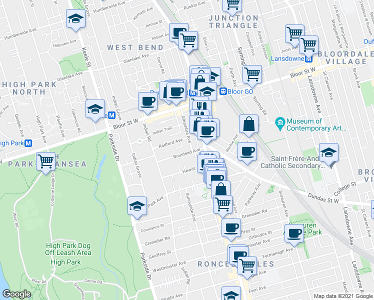 map of restaurants, bars, coffee shops, grocery stores, and more near 30 Boustead Avenue in Toronto