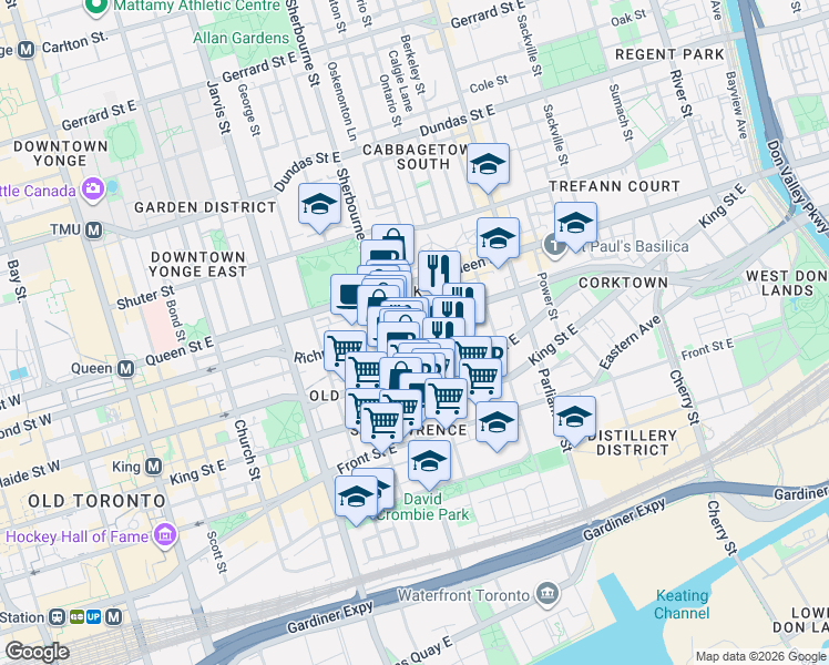map of restaurants, bars, coffee shops, grocery stores, and more near 323 Richmond Street East in Toronto