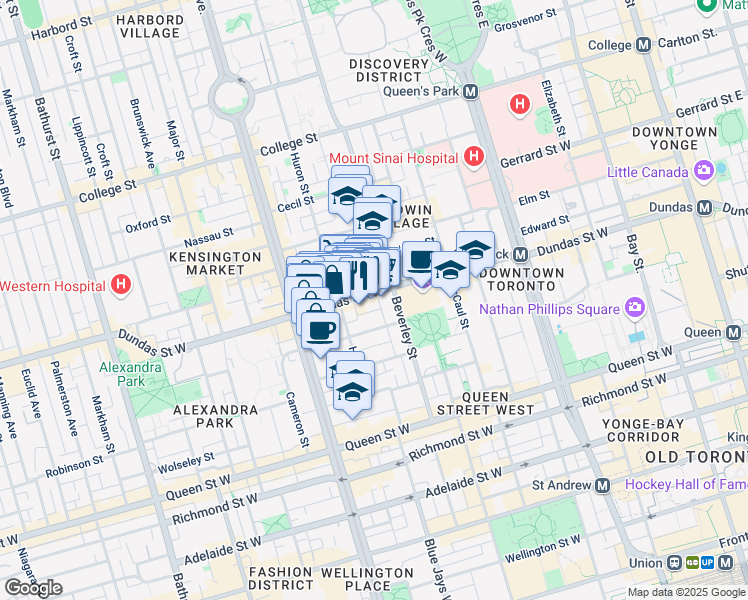 map of restaurants, bars, coffee shops, grocery stores, and more near 401 Dundas Street West in Toronto