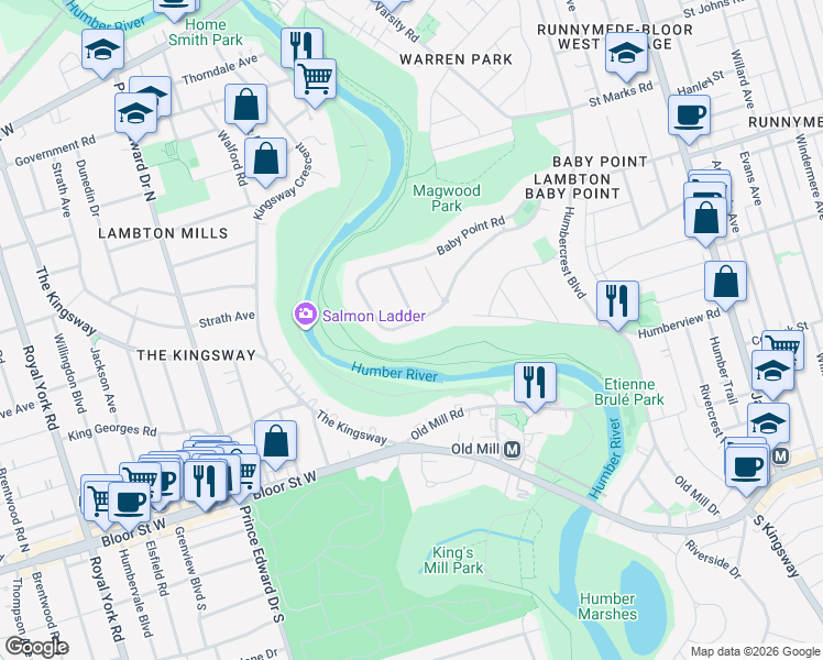map of restaurants, bars, coffee shops, grocery stores, and more near 55 Baby Point Crescent in Toronto