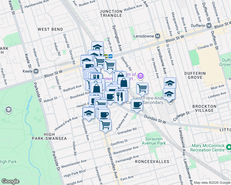 map of restaurants, bars, coffee shops, grocery stores, and more near 20 Golden Avenue in Toronto