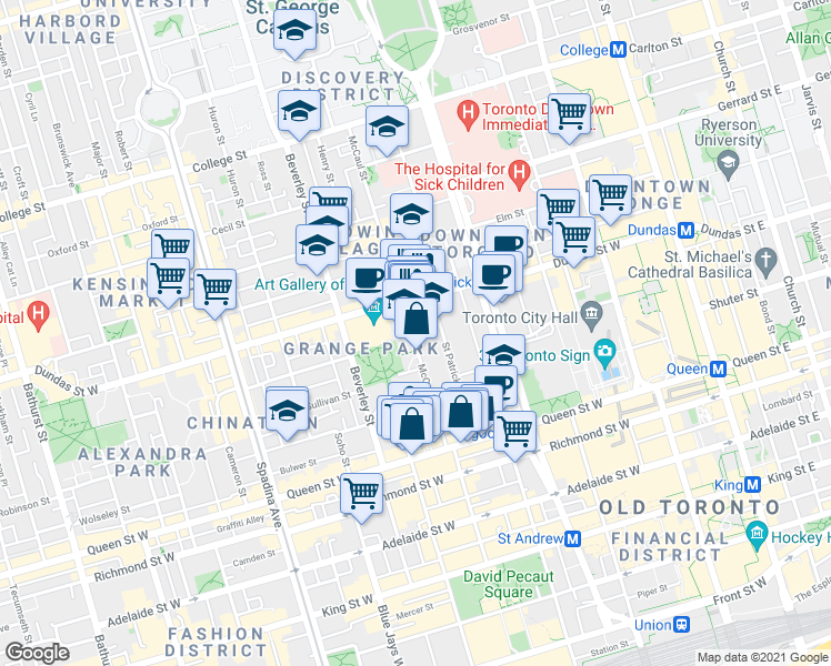 map of restaurants, bars, coffee shops, grocery stores, and more near 101 McCaul Street in Toronto