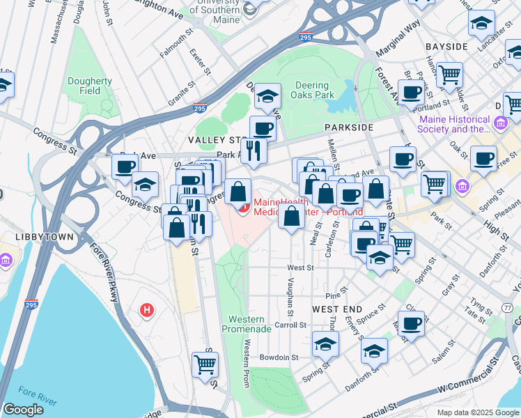 map of restaurants, bars, coffee shops, grocery stores, and more near 22 Bramhall Street in Portland