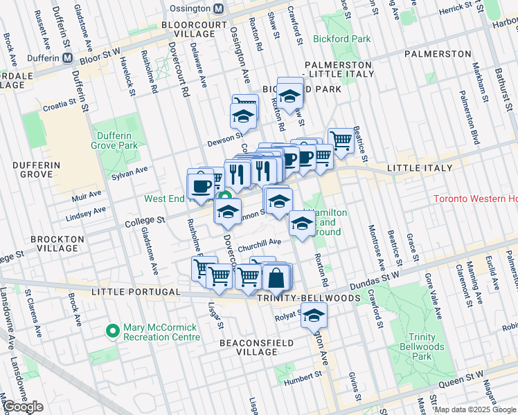 map of restaurants, bars, coffee shops, grocery stores, and more near 28 Shannon Street in Toronto